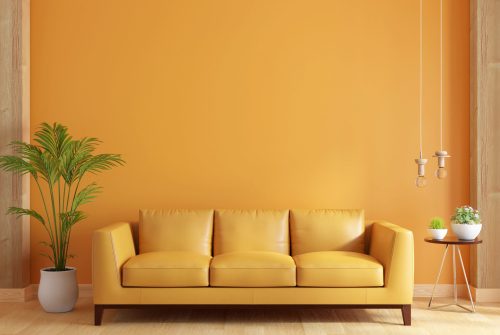 Sofa in living room interior for mockup, 3D rendering